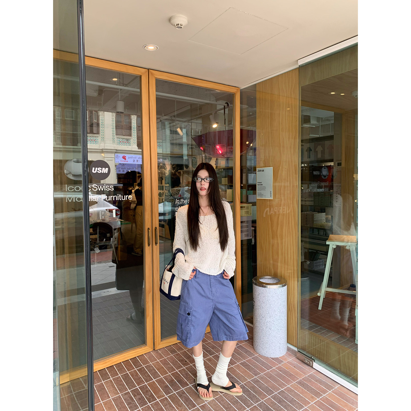 【小蓝莓】Плотные винтажные сине-фиолетовые свободные капри с большими карманами