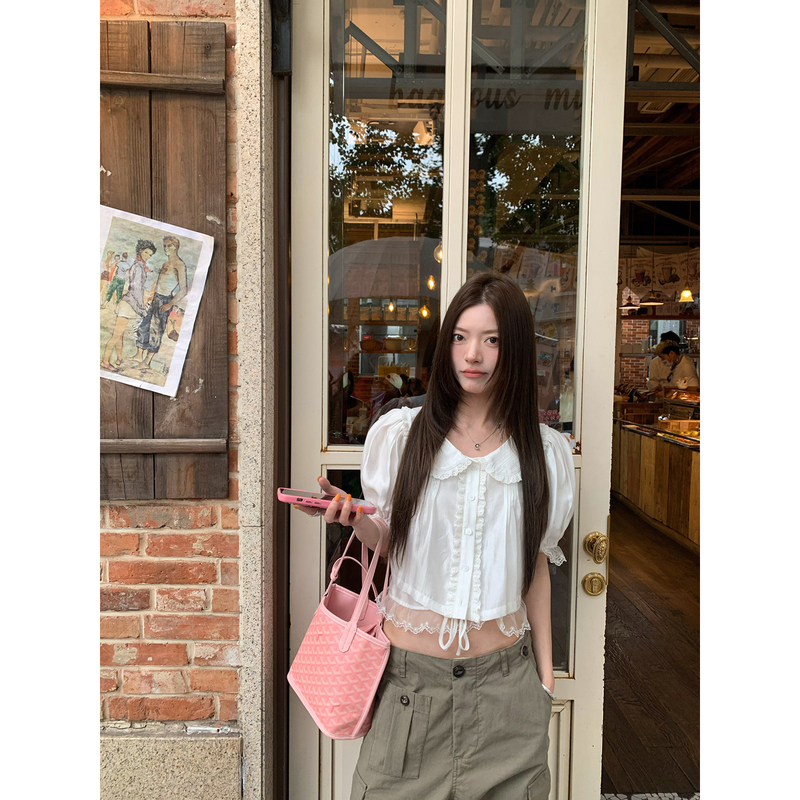 Braces Big Wang【Girl Vivian】 ins Tencel Blend French Lace Trim Puff Sleeve Short Top