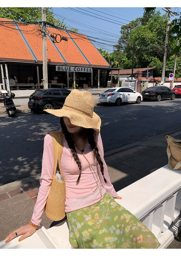 牙套大汪 【C位T】 полупрозрачная V-образный вырез приталенная стройнящая длинный рукав вязаная футболка