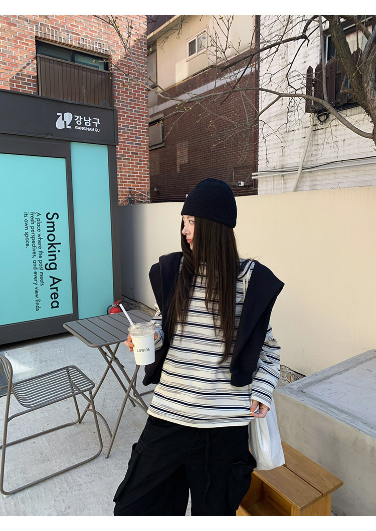 牙套大汪 [Девочка-эскиз] Футболка с длинными рукавами и круглым вырезом в неровную полоску