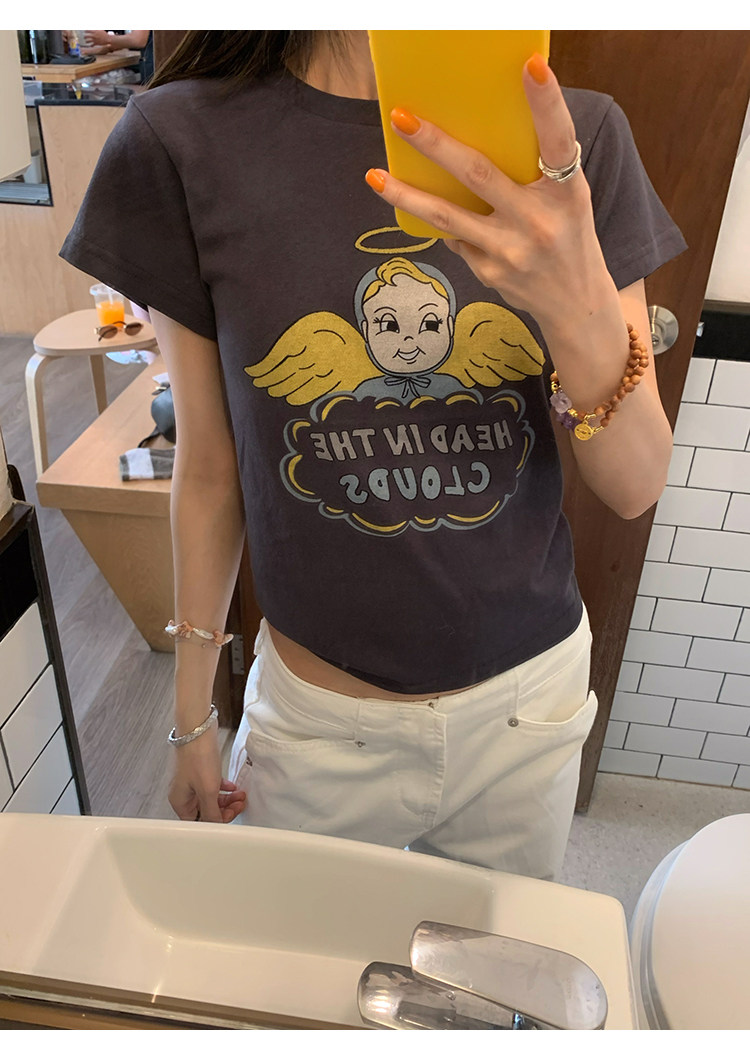 牙套大汪【天使贝贝】Американская ретро футболка с принтом ангелочка приталенного кроя с короткими рукавами