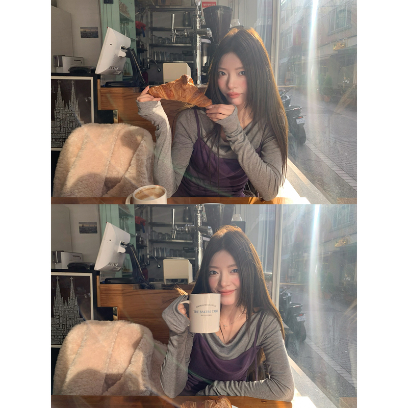 Braces Big Wang【Zixia Fairy】Autumn and Winter Gray and Purple Long Sleeve T-Shirt for Women, Slim Fit Fake Two-Piece Knitted Base Shirt