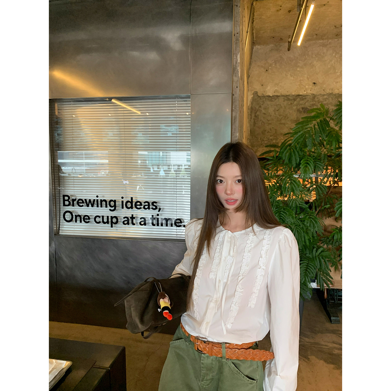 Braces Big Wang【Giverny Town】Korean-Style Lace-Trimmed White Shirt with Round Neck and Puff Sleeves Long-Sleeve Shirt
