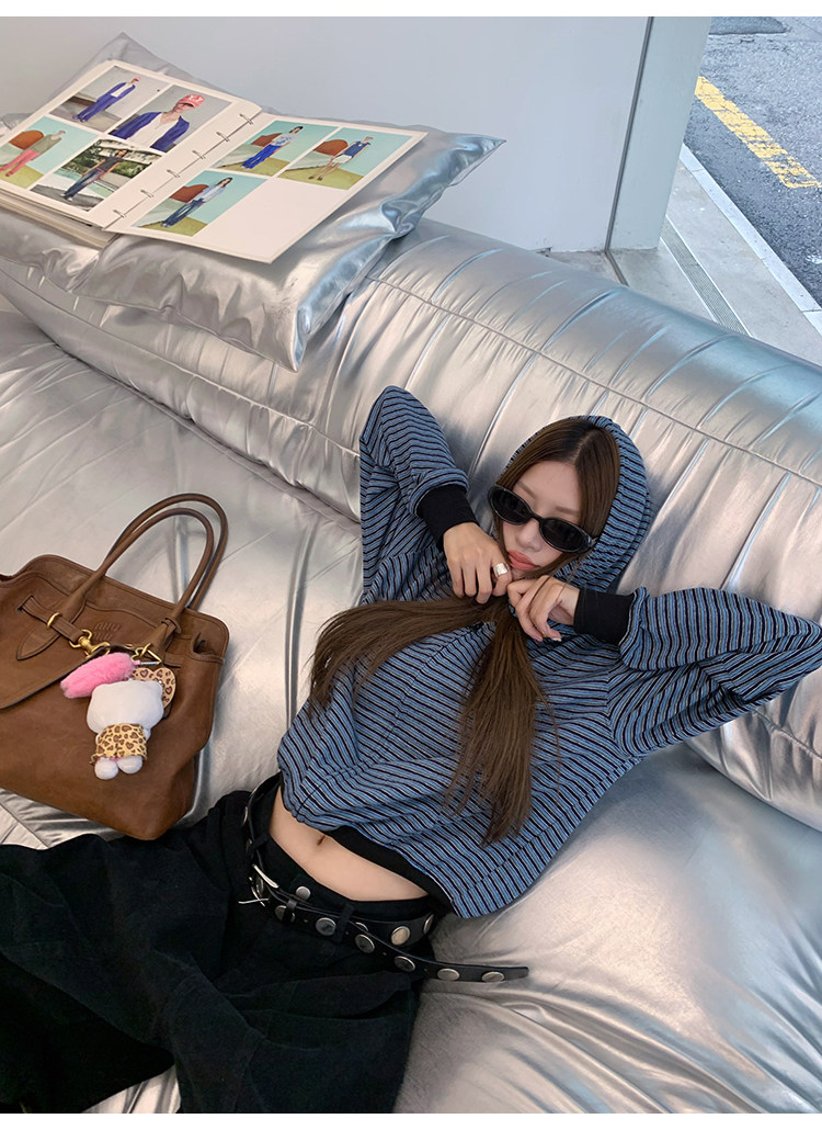 牙套大汪 【小蓝孩】Мягкая молочная толстовка с капюшоном и полосками на молнии