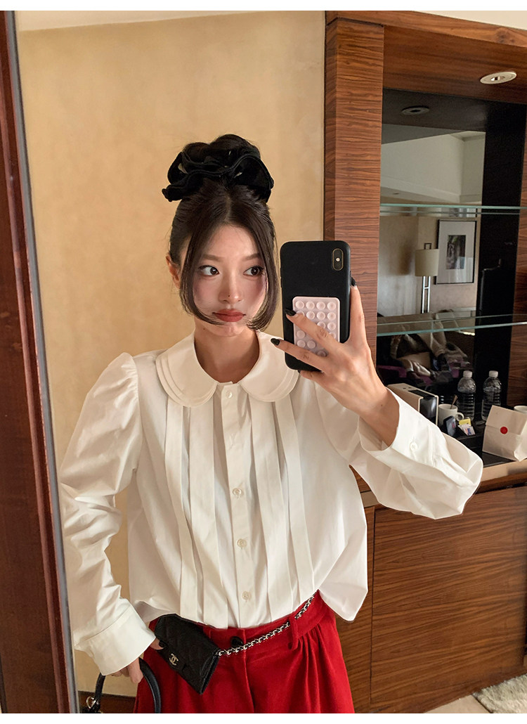 牙套大汪 【双轨女孩】 белая хлопковая рубашка с широкой планкой, складками и воротником-стойкой в школьном стиле