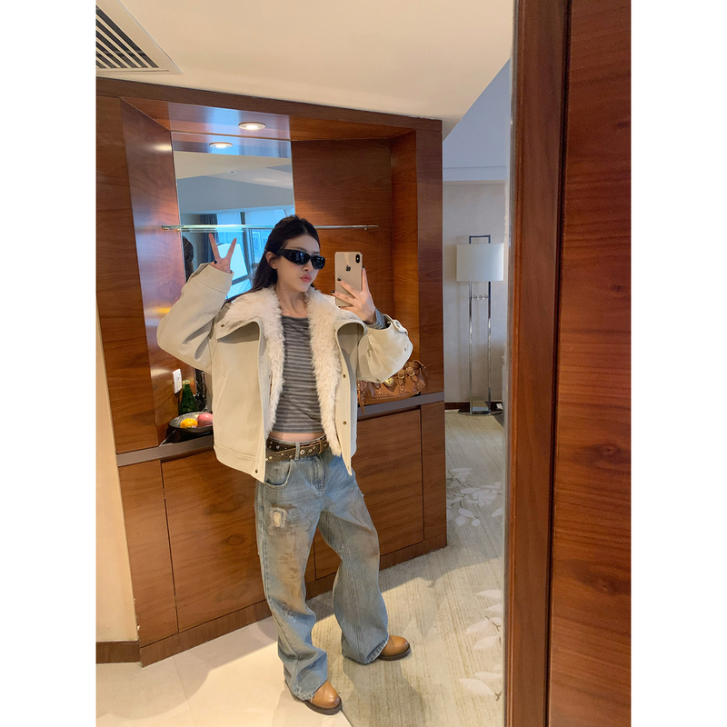 Braces Big Wang [Fashionable Fur Style] Washed Velvet Detachable Jacket with Turn-Down Collar Short down Coat
