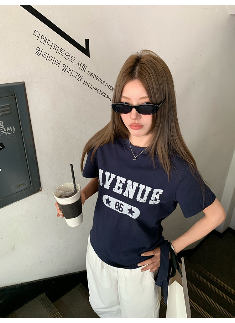 牙套大汪 Футболка с буквенным принтом, короткий рукав, 2 цвета