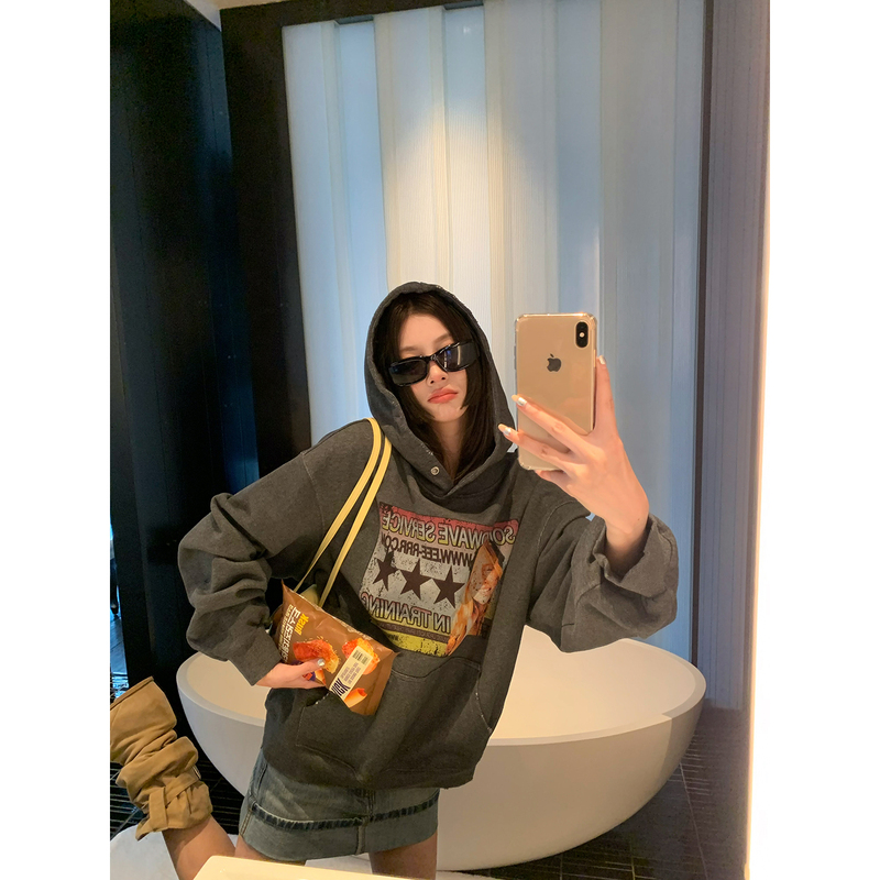 Braces Big Dog [Soundwave Poster] Black and Gray Hooded Loose Sweatshirt Washed Distressed Heavy Craftsmanship American Retro Top