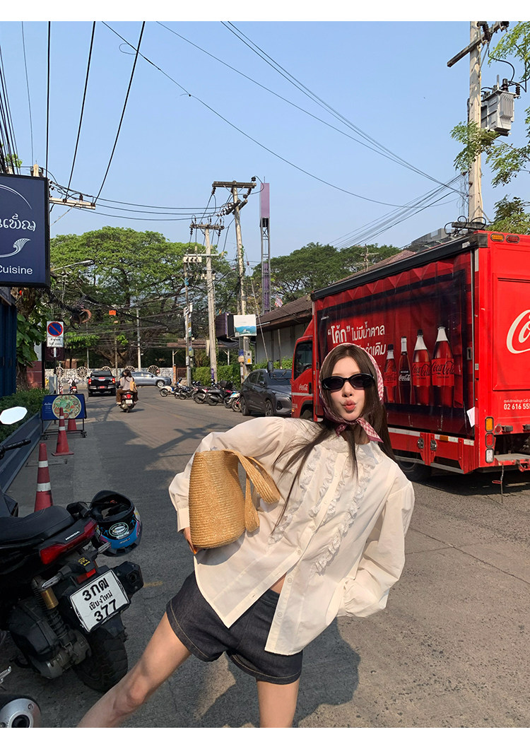 牙套大汪 【Французский белый лунный свет】 Винтажная рубашка с кружевным воротником и объемными рукавами в корейском стиле