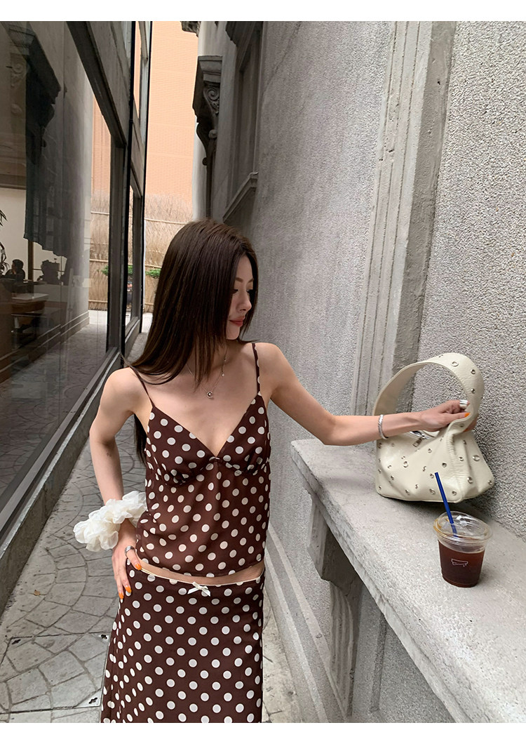 牙套大汪【邂逅西西里】Топ на бретельках с бантом + юбка с рыбьим хвостом в горошек с кружевной талией + ленты