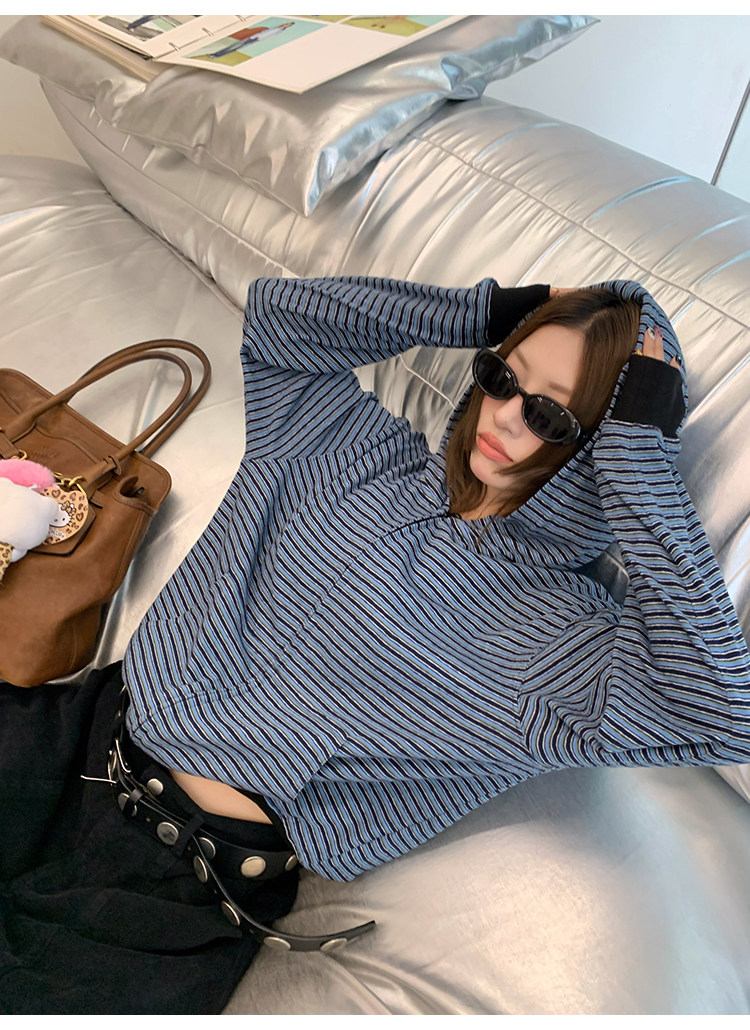 牙套大汪 【小蓝孩】Мягкая молочная толстовка с капюшоном и полосками на молнии