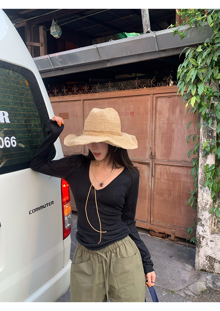 牙套大汪 【C位T】 полупрозрачная V-образный вырез приталенная стройнящая длинный рукав вязаная футболка