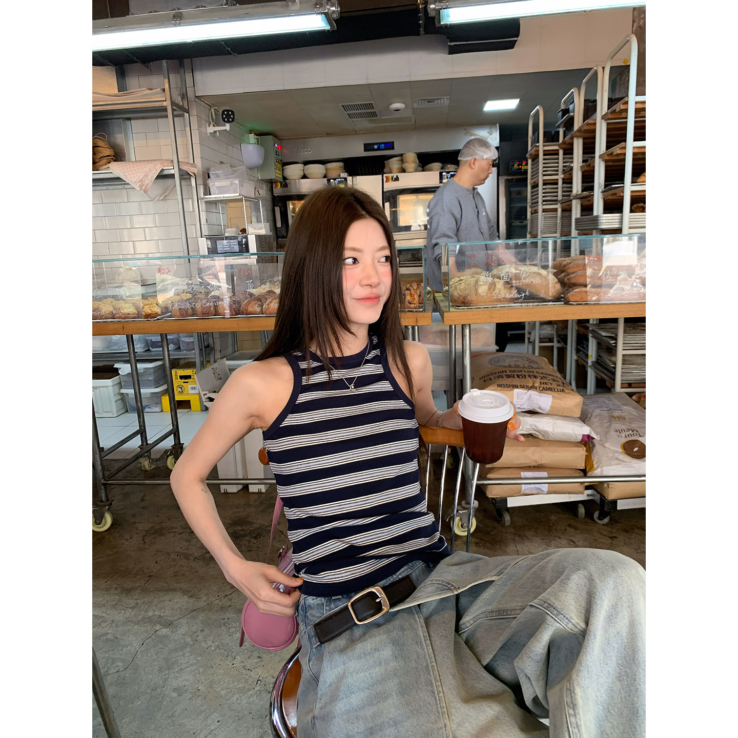 牙套大汪【小时光】Многослойный комплект темно-синяя черная полоска майка + футболка приталенного кроя