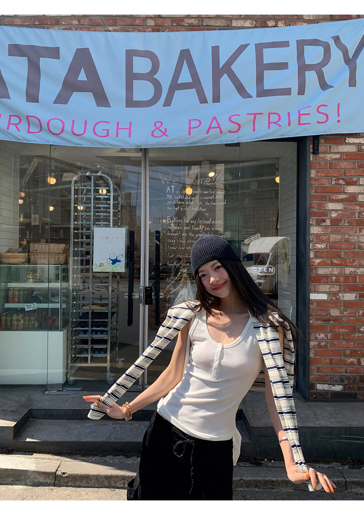 牙套大汪 [Девочка-эскиз] Футболка с длинными рукавами и круглым вырезом в неровную полоску