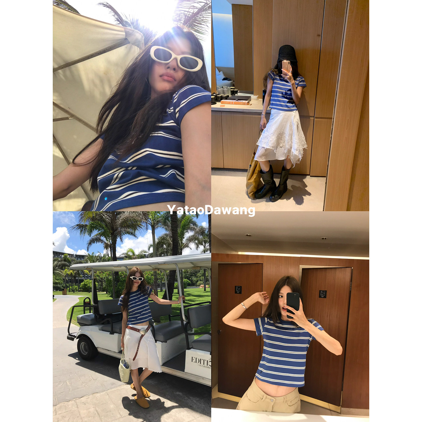 牙套大汪 【Синяя морская душа】 Женская футболка 2025 лето новая стильная простая прямоплечая короткий рукав