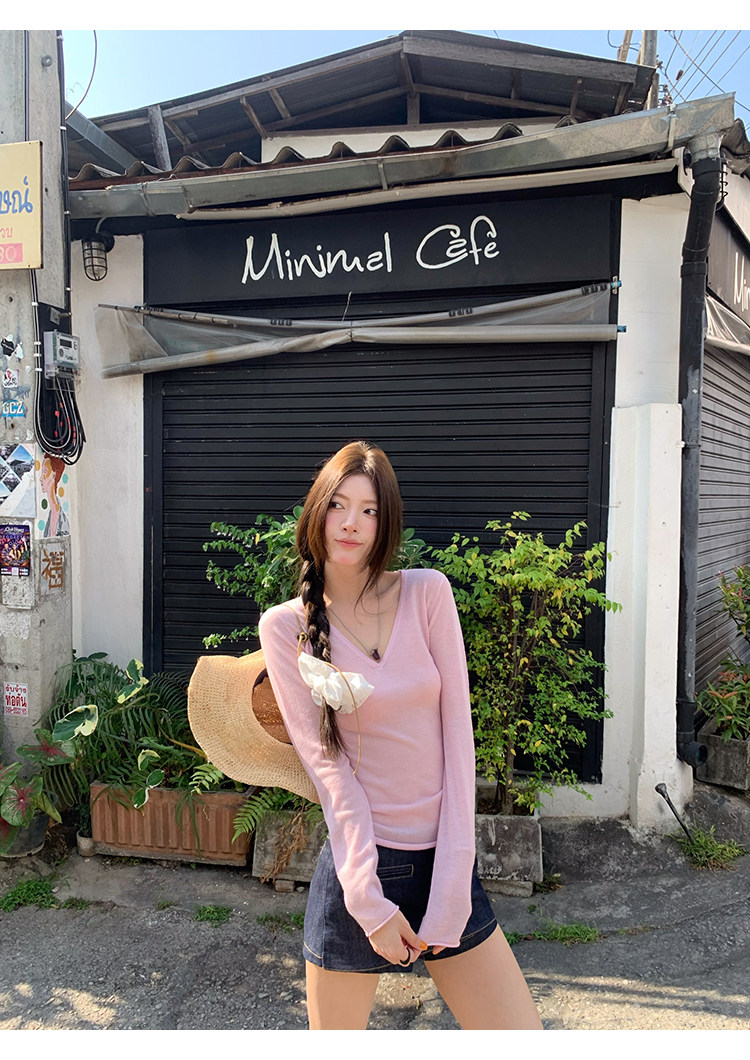 牙套大汪 【C位T】 полупрозрачная V-образный вырез приталенная стройнящая длинный рукав вязаная футболка