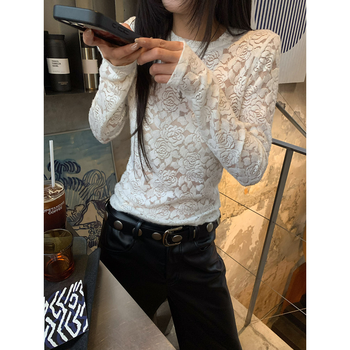 牙套大汪【岛屿花】Кружевная блузка с цветочным принтом женская базовая с длинным рукавом приталенная