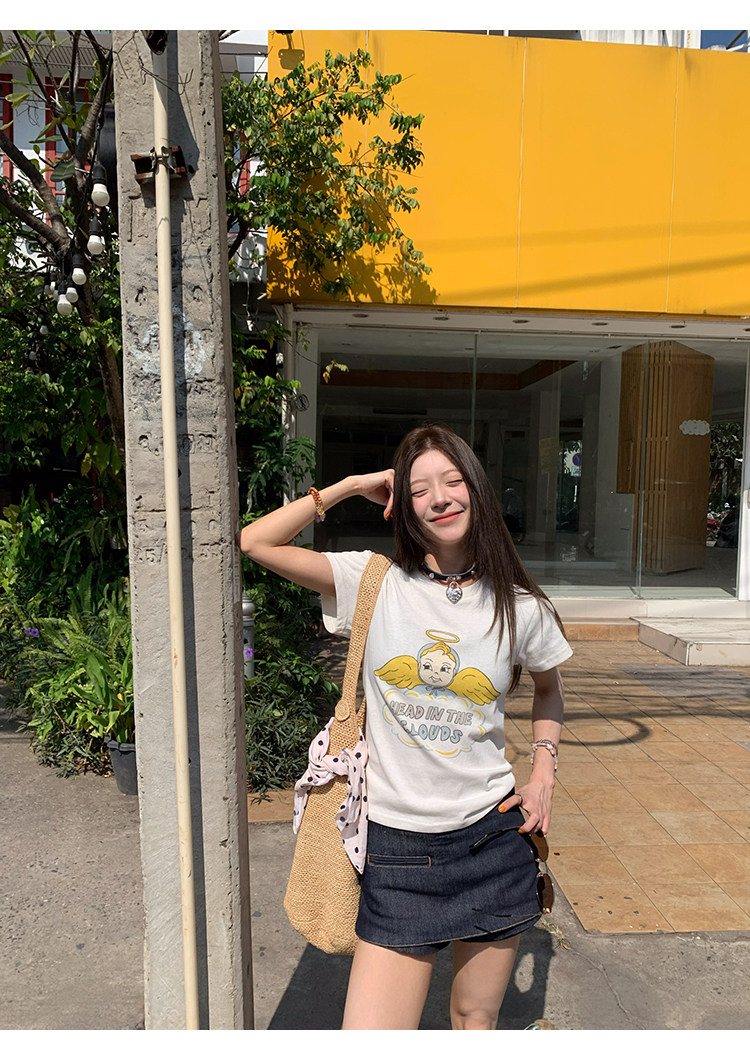 牙套大汪【天使贝贝】Американская ретро футболка с принтом ангелочка приталенного кроя с короткими рукавами