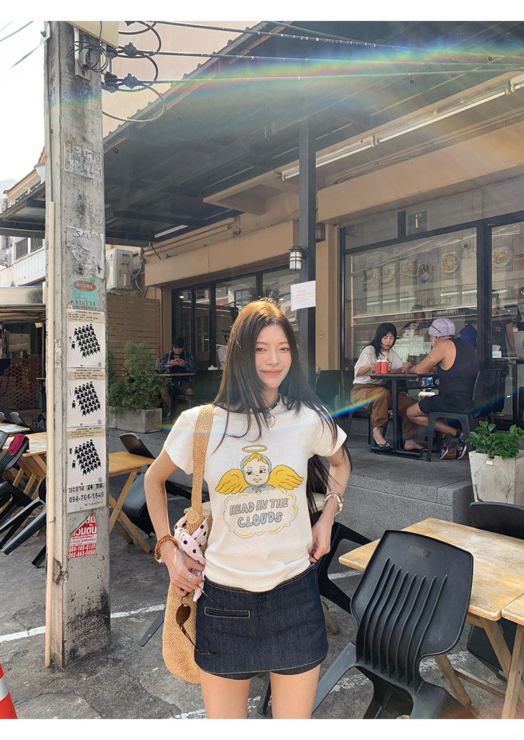 牙套大汪【天使贝贝】Американская ретро футболка с принтом ангелочка приталенного кроя с короткими рукавами