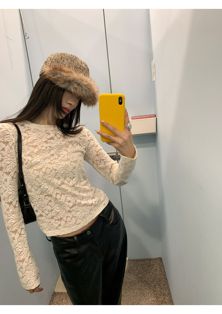 牙套大汪【岛屿花】Кружевная блузка с цветочным принтом женская базовая с длинным рукавом приталенная