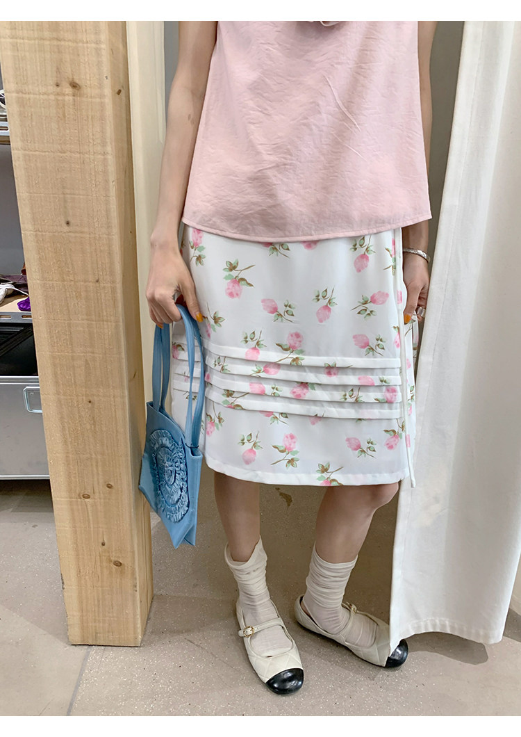 牙套大汪【Тайный сад】Нежная юбка из шифона с цветочным принтом, завязками по бокам и эластичным поясом со складками