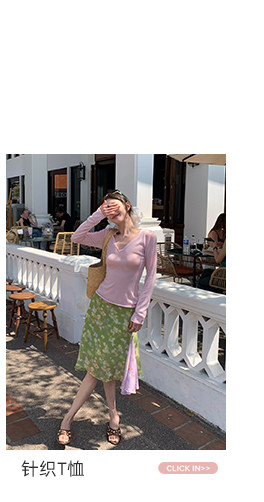 牙套大汪 [Зеленые цветы] Юбка-миди с цветочным принтом в стиле масляной живописи с контрастными цветами