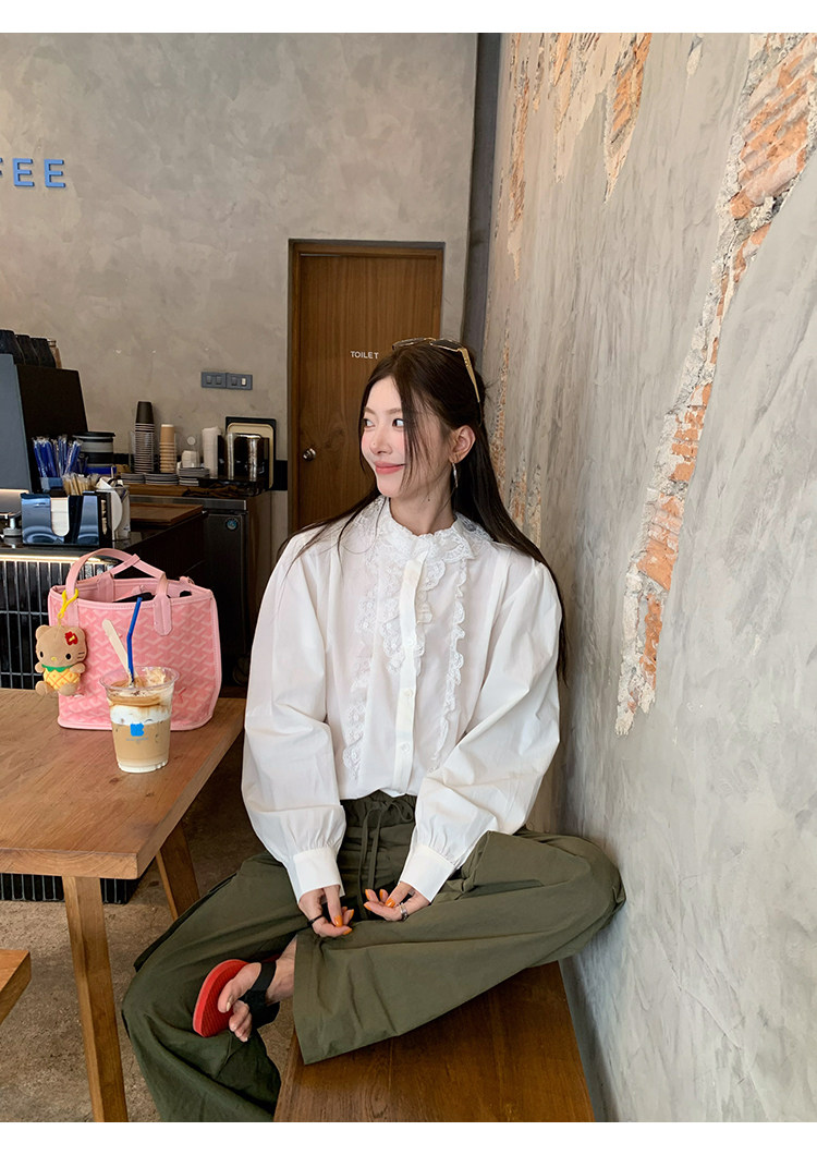 牙套大汪 【Французский белый лунный свет】 Винтажная рубашка с кружевным воротником и объемными рукавами в корейском стиле