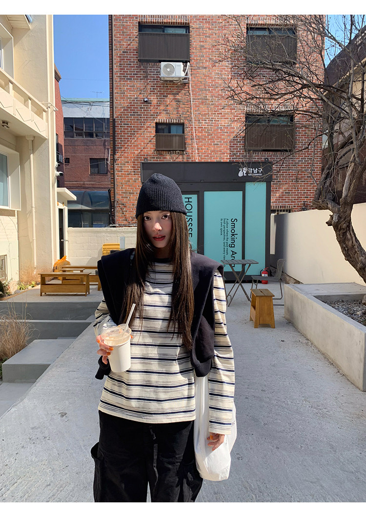 牙套大汪 [Девочка-эскиз] Футболка с длинными рукавами и круглым вырезом в неровную полоску