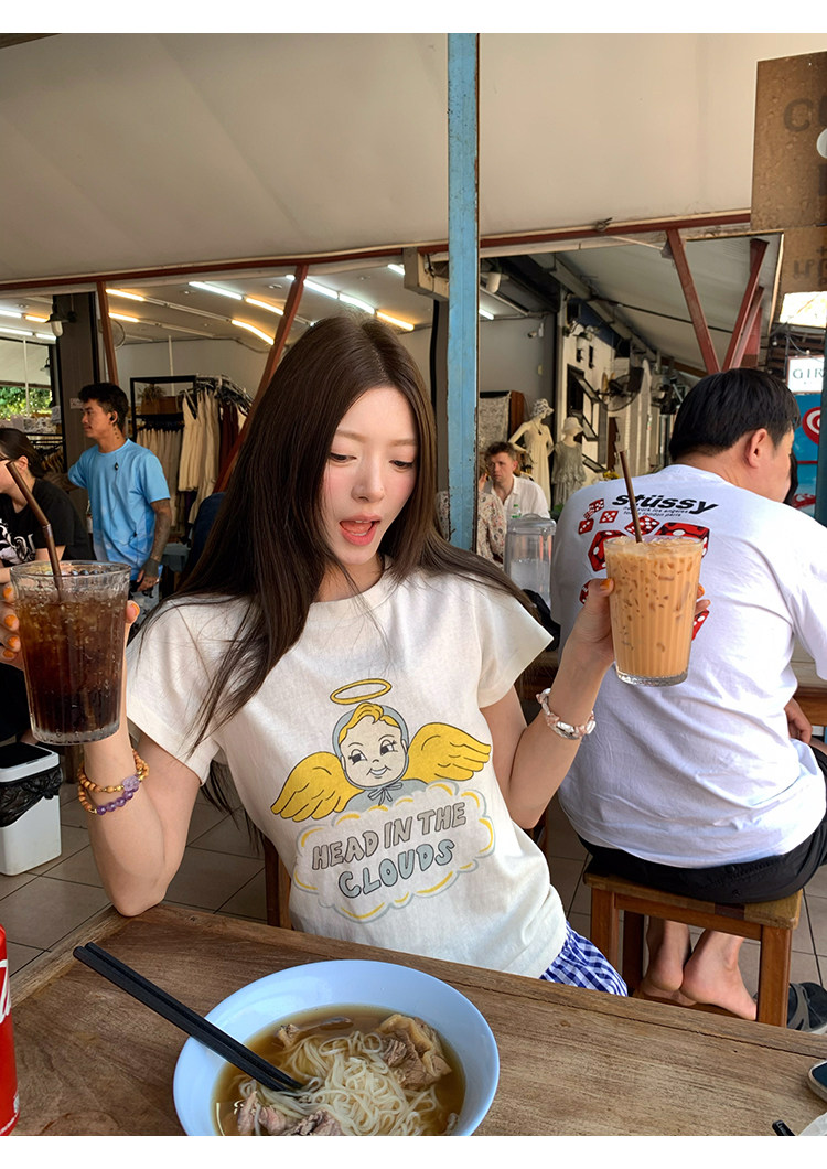 牙套大汪【天使贝贝】Американская ретро футболка с принтом ангелочка приталенного кроя с короткими рукавами