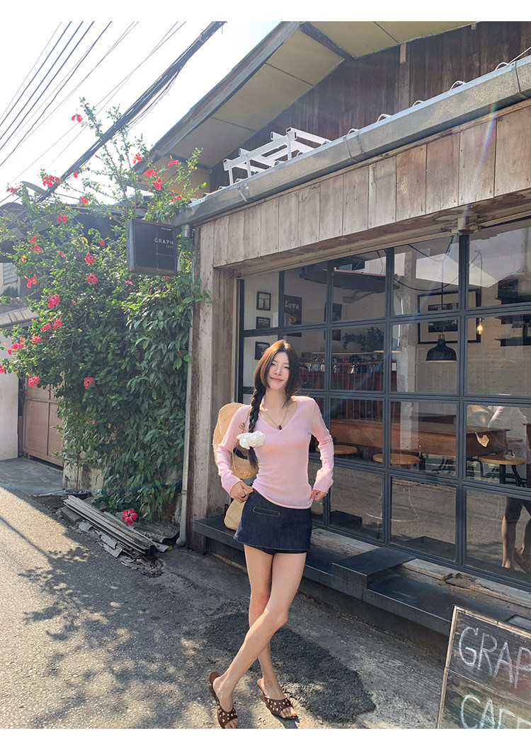 牙套大汪 【C位T】 полупрозрачная V-образный вырез приталенная стройнящая длинный рукав вязаная футболка