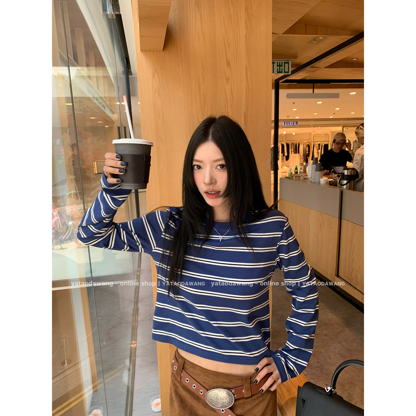 牙套大汪 【海魂2代】полосатая голова синяя осенняя новинка casual свободная стройнящая базовая футболка