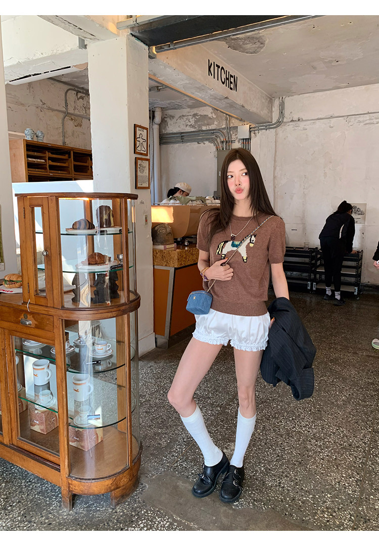 牙套大汪 【Мадридское детство】 Отличный состав! Двухцветный вязаный джемпер с короткими рукавами и жаккардовым узором пони