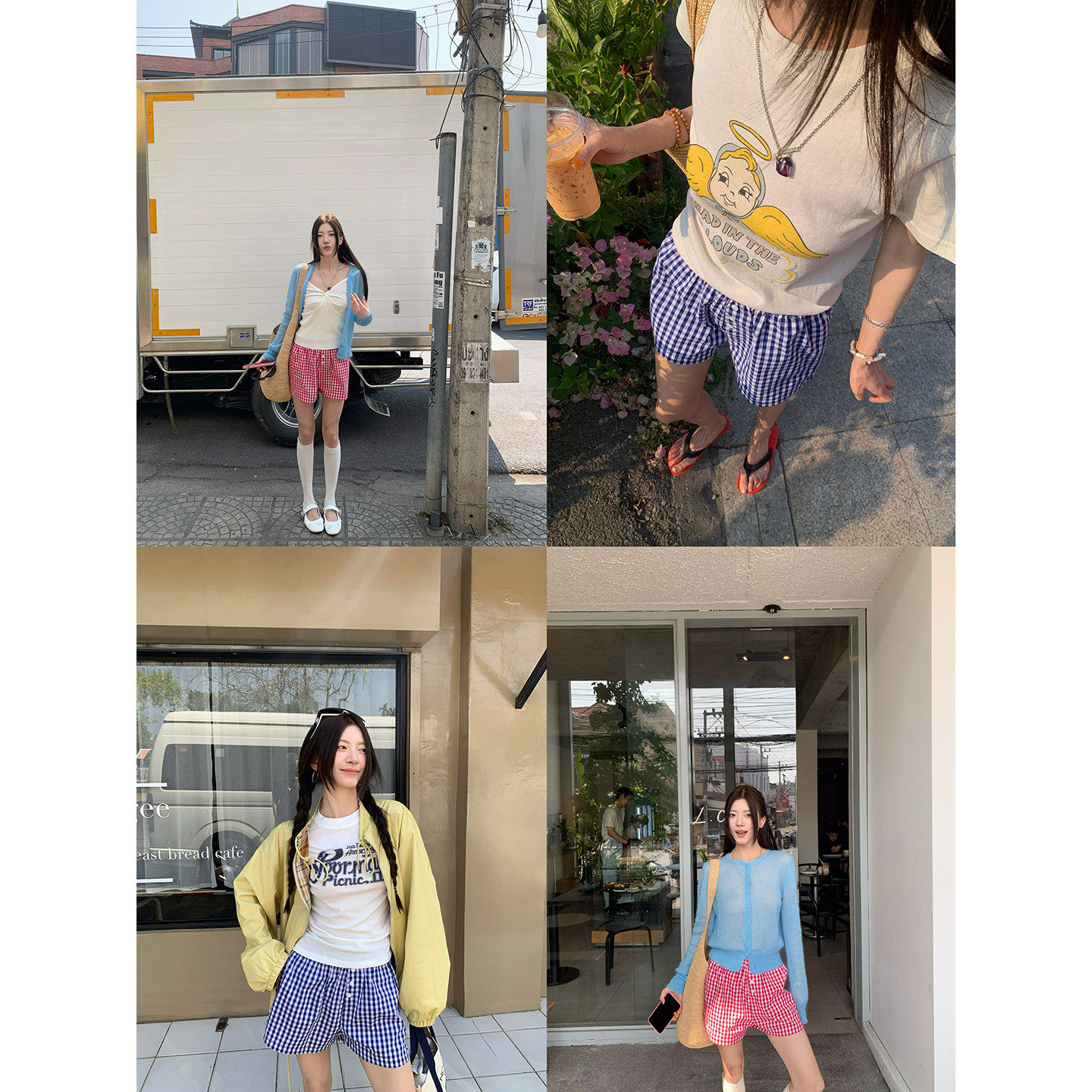 牙套大汪 корейские девичьи клетчатые повседневные шорты с эластичным поясом и пуговицами