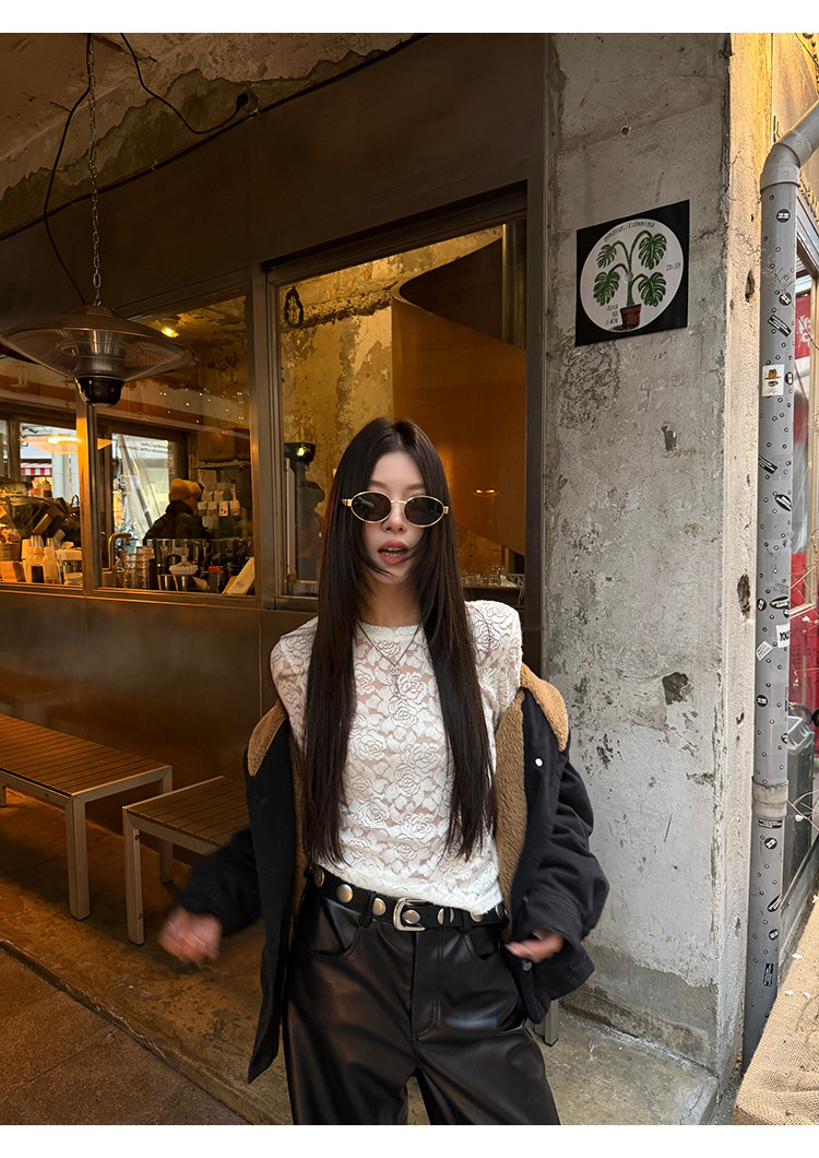 牙套大汪【岛屿花】Кружевная блузка с цветочным принтом женская базовая с длинным рукавом приталенная