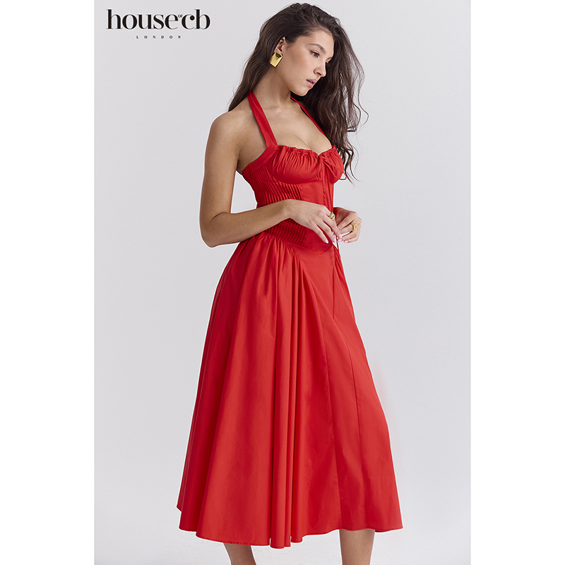 House of Cb Holiday Style Waist-Cinching Italian-Style Tomato Red Cotton Halter Sun Dress Adabella