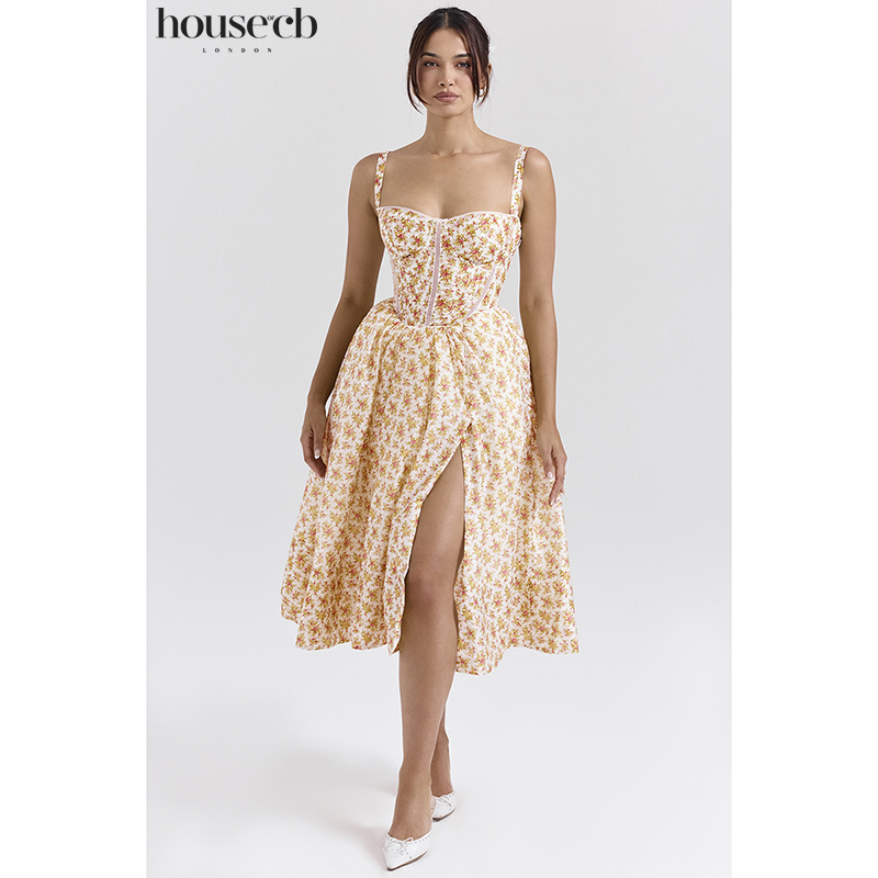 House of Cb Holiday Style Casual Rose Print Corset Mid-Length Dress Kelly