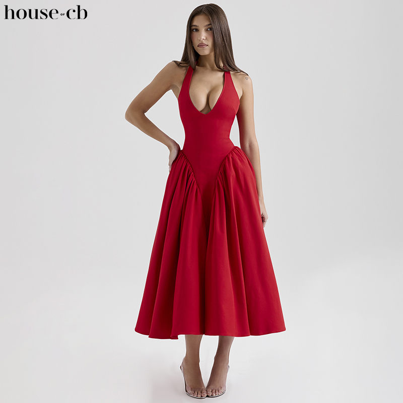 House of Cb Elegant and Romantic Red Halter Neck Waist-Cinching Mid-Length Sundress Marilyn House of Cb Elegant and Romantic Red Halter Neck Waist-Cinching Mid-Length Sundress Marilyn