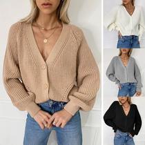 2022 European and American autumn and winter foreign trade new sweater womens cardigan solid color v-neck lantern sleeve button knitted cardigan