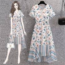 French V-neck chiffon dress 2022 new summer style waist slimming plus size soft mid-length skirt