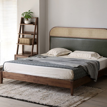 Original wooden furniture retro bed Nordic solid wood cherry black walnut soft back rattan bed 1 8m Japanese double bed