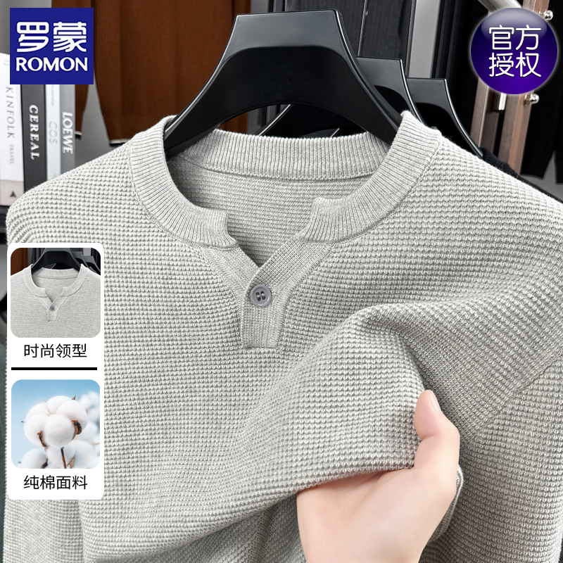 Romon Autumn and Winter 100% Pure Cotton Henley Collar Knit Sweater Long-Sleeve Textured Design Single-Button Pullover Top