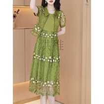 T轁2 two-piece mesh embroidered dress womens 2023 summer new fashion slim anti-scratch jacket floral set