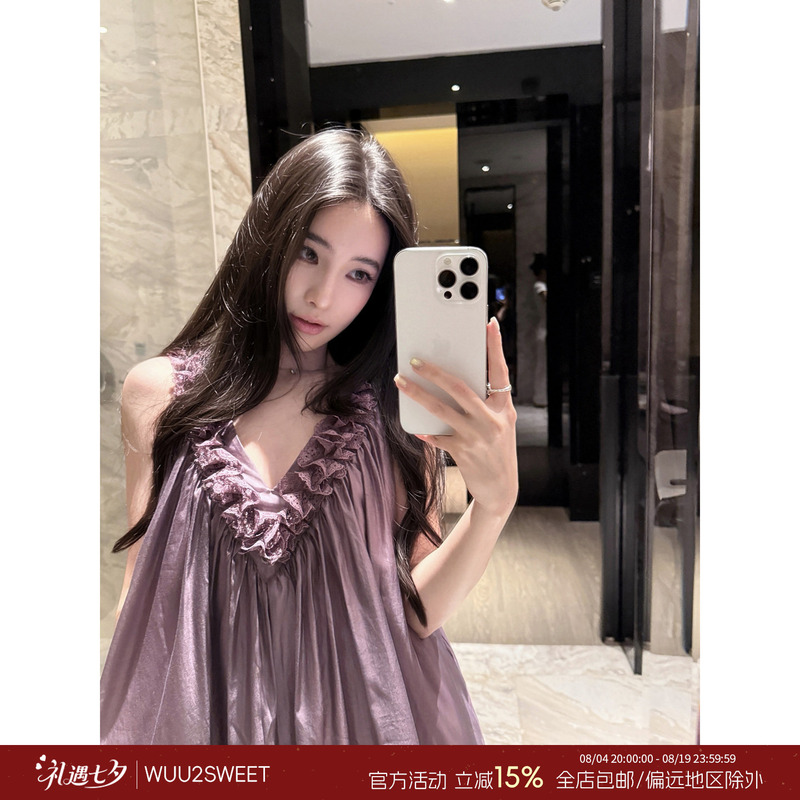 Wu Taitian Tencel Lace Patchwork V-Neck Tank Dress for Women, Vacation Style A-Line Dress, Sleeveless Wide Hem Dress