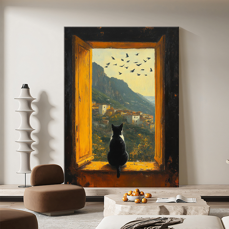 Cat on the Windowsill Retro Living Room Landscape Decorative Painting Pure Hand-Painted Oil Painting American-Style Entrance Hanging Painting Modern Minimalist Mural