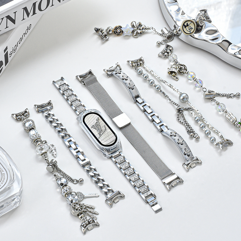 【Silver Collection】Suitable for Xiaomi Mi Band 8/9 Metal Strap Beaded Chain Thin Style 8/9 Pro Smart Sports Nfc Version Stainless Steel Magnetic Slim Adjustable Chanel-Style Wristband for Summer