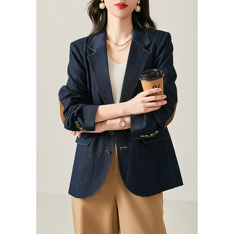 [Fashionable Retro] Contrast Stitching, Suede Patchwork, Denim Blue Korean Style Casual Blazer for Women