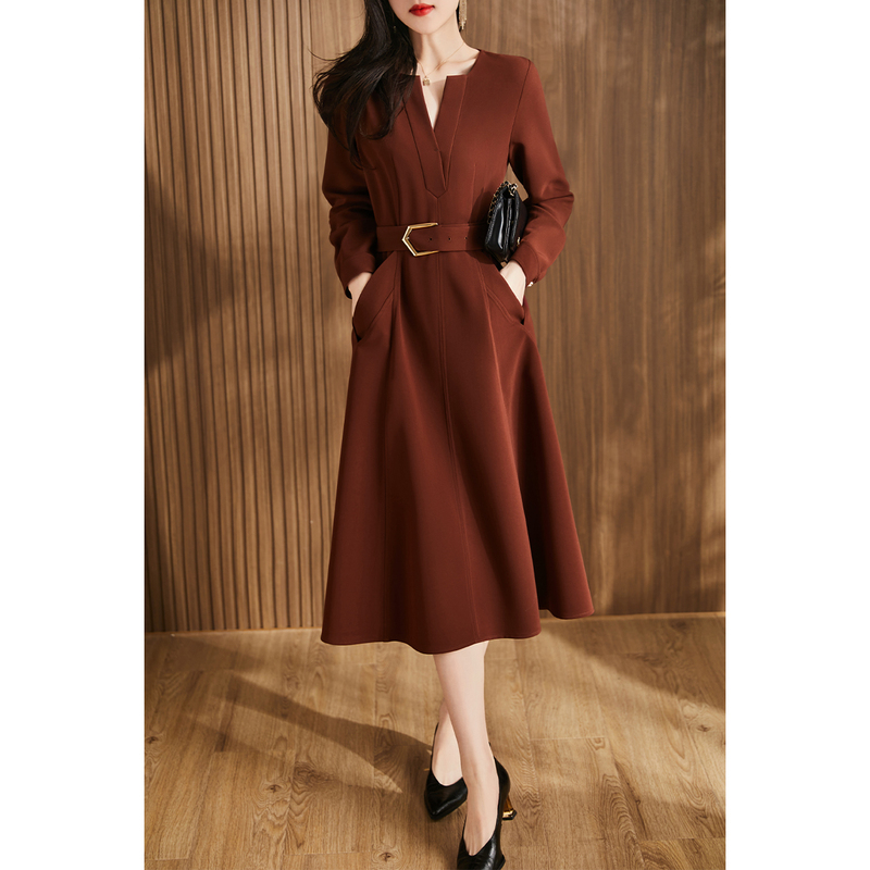 Luxurious and Elegant Orange-Red Design, V-Neck Long-Sleeved Dress, Elegant and Fashionable Mid-Length Dress for Work Clothing