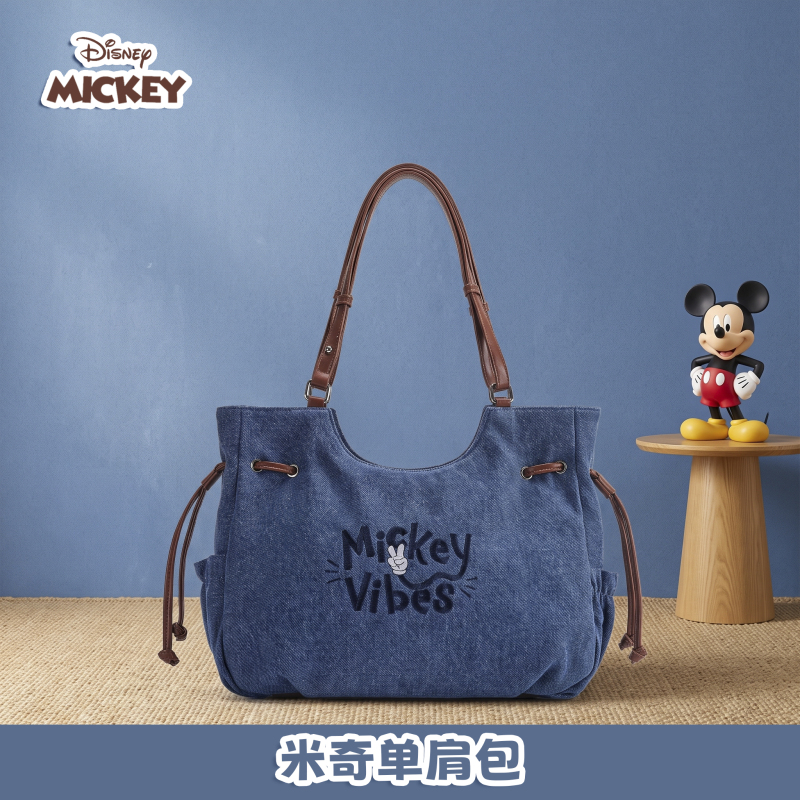 Disney Mickey Series Embroidered Drawstring Tote Bag Large Capacity Casual Shoulder Bag Fashionable Women's Bag