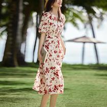 French V-neck short-sleeved tea dress for women 2024 summer high-end elegant waist-slimming floral dress