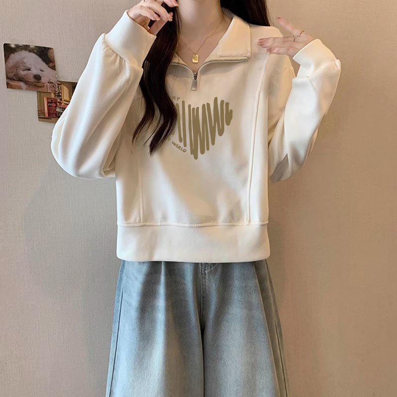 Lapel Half-Zip Sweatshirt for Women, Autumn and Winter, Plus Size, Loose Fit, Slimming, Tummy-Covering, Regular Shoulder, White Polo Collar Top